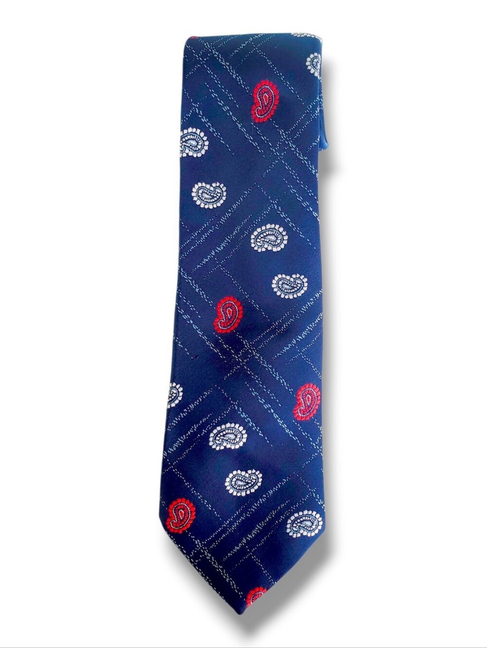 Sears Men's Shop vintage necktie features a classic navy blue base woven Paisley